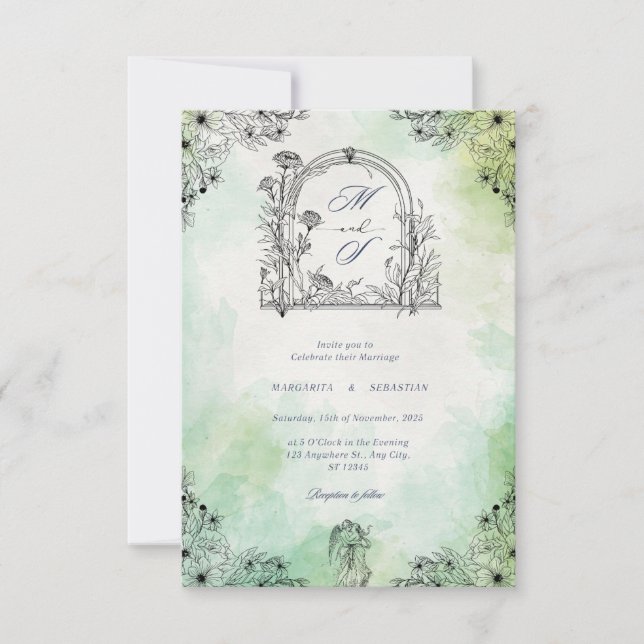 dunkle Romantik Vintage Save-the-Date grün  Einladung (Vorderseite)