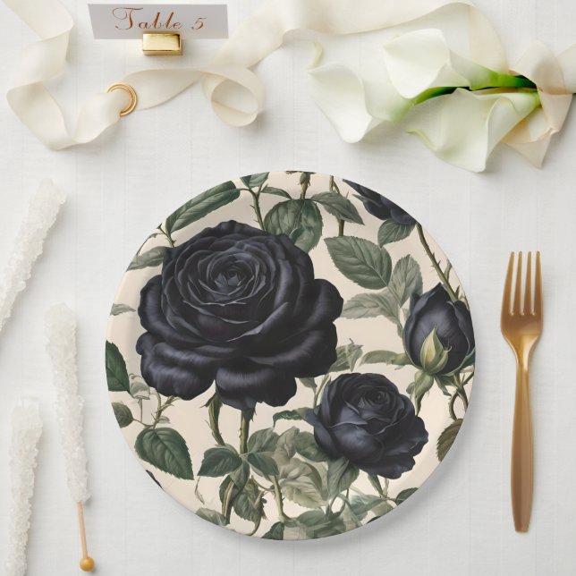**"Dunkle Romantik: Vintage schwarze Rose"*** Pappteller (Hochzeit)