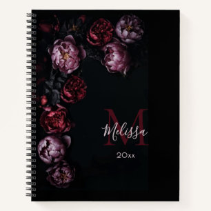Dunkle romantische 3D-Blumen schwarzes Monogramm Notizbuch