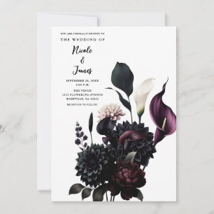 Dunkle Romantische Blumen Hochzeit in Weiß Einladung