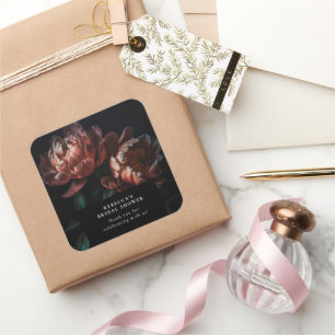 Dunkle romantische Blumen Hochzeitsdusche Quadratischer Aufkleber