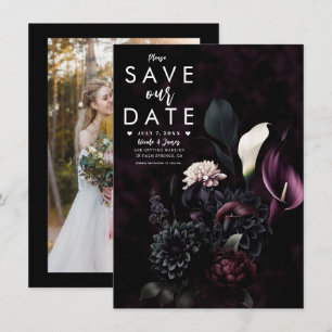 Dunkle, romantische Blumenhochzeit - Save the Date Einladung