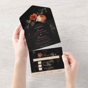 Dunkle romantische florale Rosen niederländischer  All In One Einladung