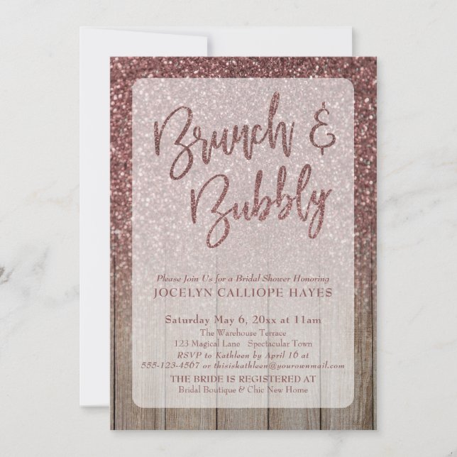 Dunkle Rose Gold Glitzer Stall Holz Brunch & Bubbl Einladung (Vorderseite)