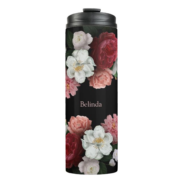 Dunkle Rose Schwarzer Hintergrundname Monogramm Thermosbecher (Vorderseite)