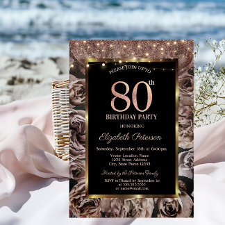 Dunkle Rose, String Lights Glitzer 80. Geburtstag Einladung