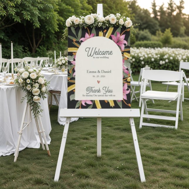Dunkle Rosérote Lilien-Bogen-Hochzeitsbegrüßung Poster (Dark Blush Pink Lily Arched Wedding Welcome Sign | Botanical Floral Arch Evening Garden Wedding Sign)