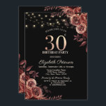 Dunkle Rote Rosen, String Lights Black 30. Geburts Einladung<br><div class="desc">Moderne,  schicke und glamouröse Einladung mit eleganten Saitenlichtern und Blume.</div>