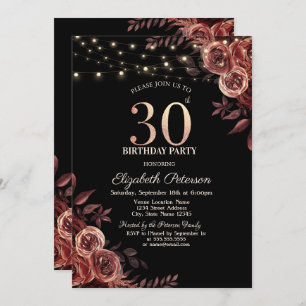 Dunkle Rote Rosen, String Lights Black 30. Geburts Einladung