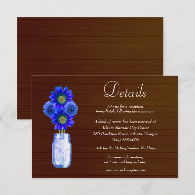 Dunkle Rustikal Blue Floral Mason Jar Wedding Deta Begleitkarte (Vorne/Hinten)