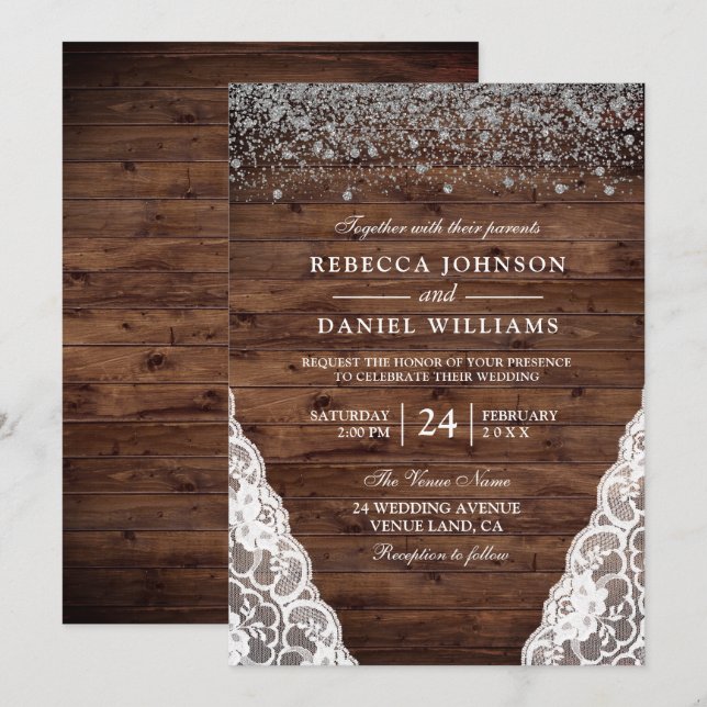 Dunkle Rustikale Braun-Spitzen-Hochzeitseinladung Einladung (Vorne/Hinten)