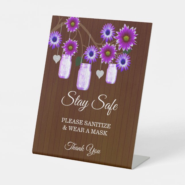 Dunkle rustikale Lila Blumenmason Jar Hochzeitsich Sockelschild (Vorderseite)