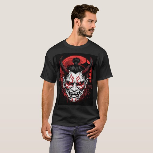 Dunkle Samurai-Oni-Maske Roter Mond Gothic T-Shirt (Vorne ganz)