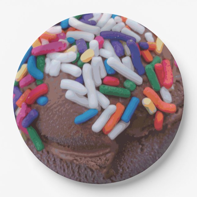 Dunkle Schokolade Eiscreme mit Regenbogensprinklen Pappteller (Vorderseite)