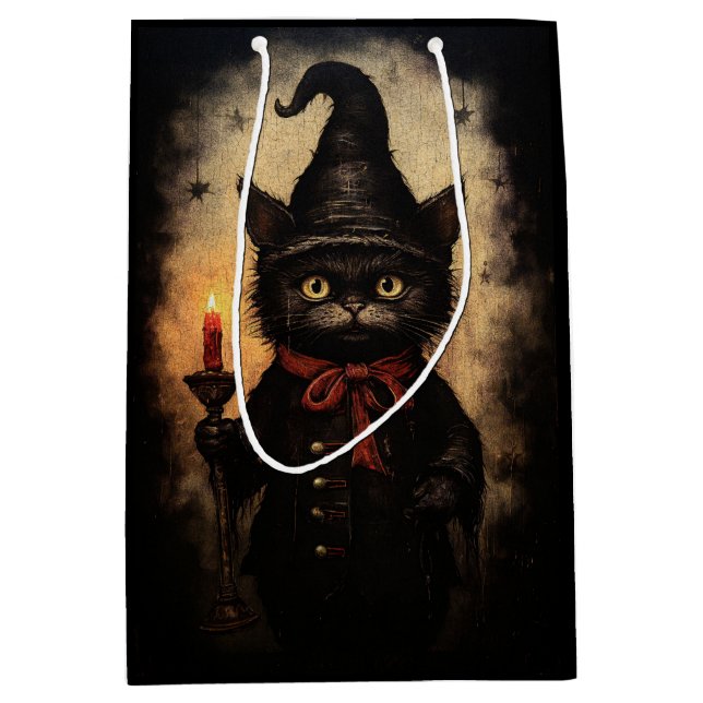 Dunkle schwarze Katze Design zu Halloween, Goth Mittlere Geschenktüte (Vorderseite)