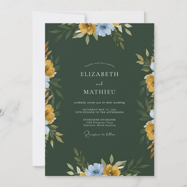 Dunkle Senf-Wildblumen-Hochzeit Einladung (Vorderseite)