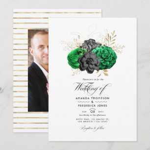 Dunkle Smaragd- und Gold-Blumen-Hochzeitsfoto Einladung