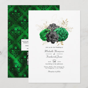 Dunkle Smaragd- und Gold-Blumen-QR-Code-RSVP-Hochz Einladung