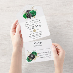 Dunkle Smaragd- und Gold-Blumenhochzeit Alles in E All In One Einladung