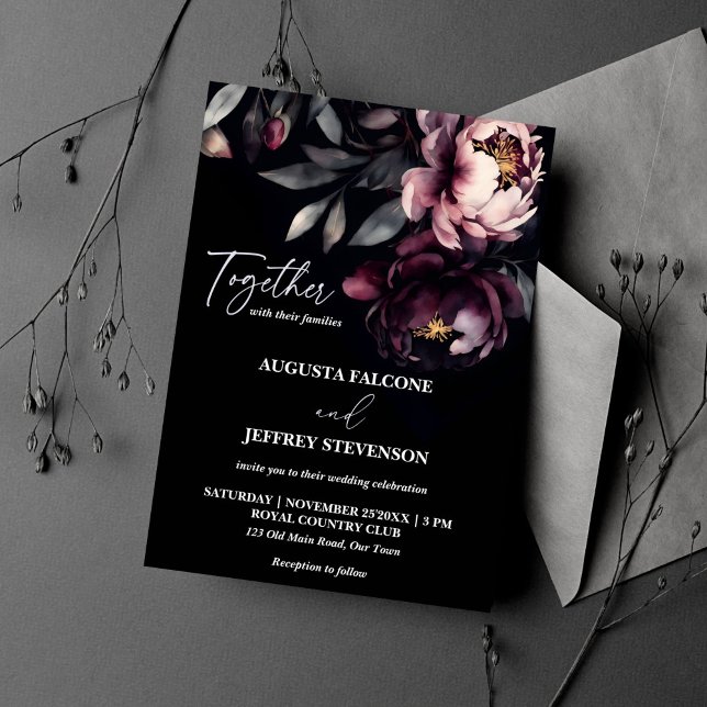 Dunkle Stimmung Noir elegant alles in einer Hochze Einladung (Dark moody noir elegant all in one wedding template invitation digital download burgundy peonies)