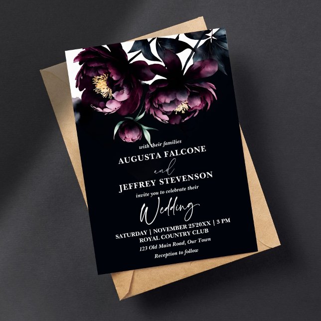 Dunkle Stimmung Noir elegant alles in einer Hochze Einladung (Dark moody noir peonies elegant all in one wedding editable template invitation digital download )