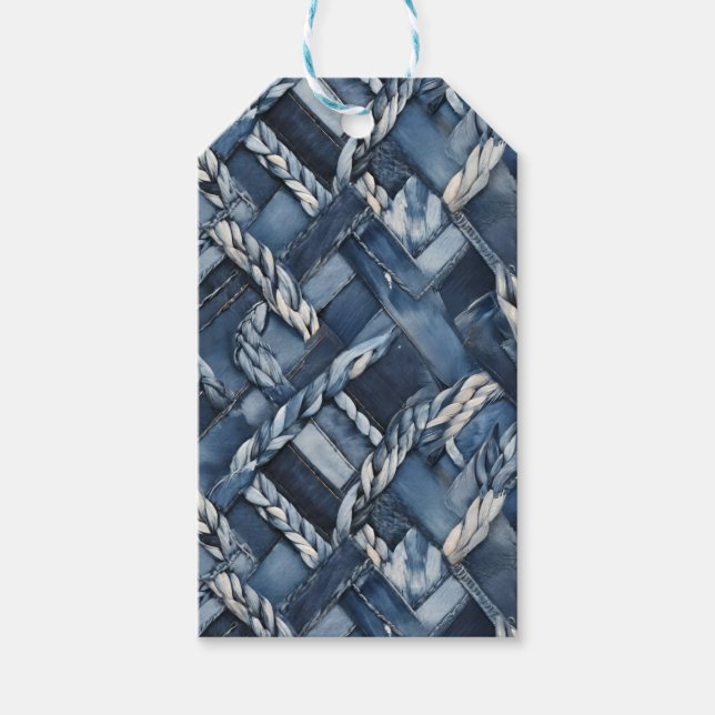 Dunkle strapazierte Denim-Patchwork- und Zopf-Opti Geschenkanhänger (Vorderseite)