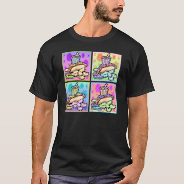 Dunkle T - Shirt - Pop Art Hot Dog mit Chips und a (Vorderseite)