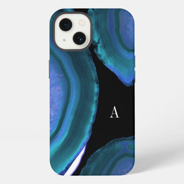 Dunkle Teal-Achat-Geoden-Monogramm iPhone Hülle (Rückseite)