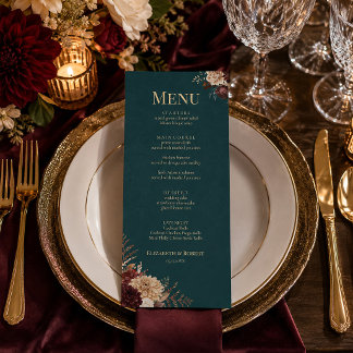 Dunkle Teal-Blumen-Gothic-Hochzeitsmenü Menükarte