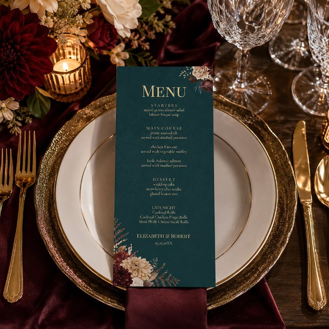 Dunkle Teal-Blumen-Gothic-Hochzeitsmenü Menükarte (Dark Teal Floral Gothic Wedding Menu)