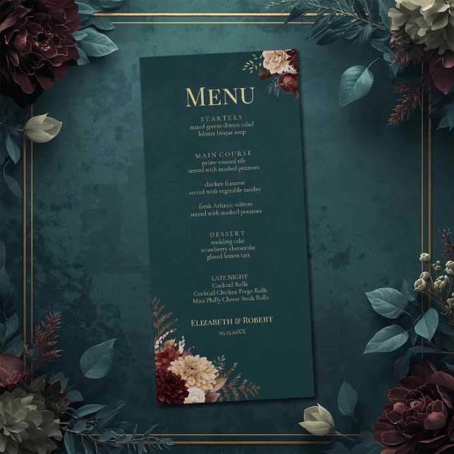 Dunkle Teal-Blumen-Gothic-Hochzeitsmenü Menükarte (Dark Teal Floral Gothic Wedding Menu on a teal vintage wedding table with flowers)
