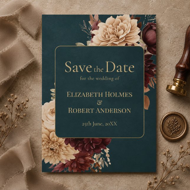 Dunkle Teal-Blumen-Gothic-Save-the-Date-Karte Einladung (Dark Teal Floral Gothic Save the Date Invitation)