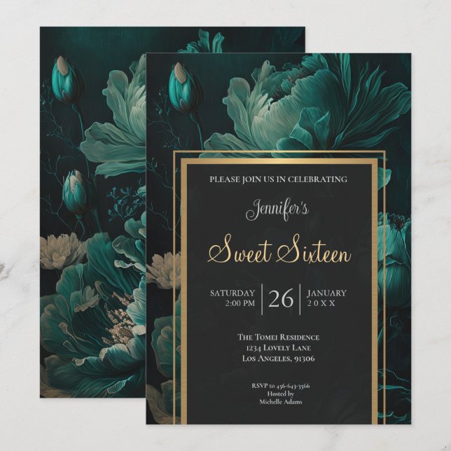 Dunkle Teal Blumen Sweet 16 Einladung (Vorne/Hinten)