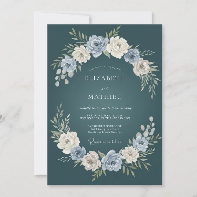 Dunkle Teal Botanische Florale Hochzeit Einladung (Vorderseite)