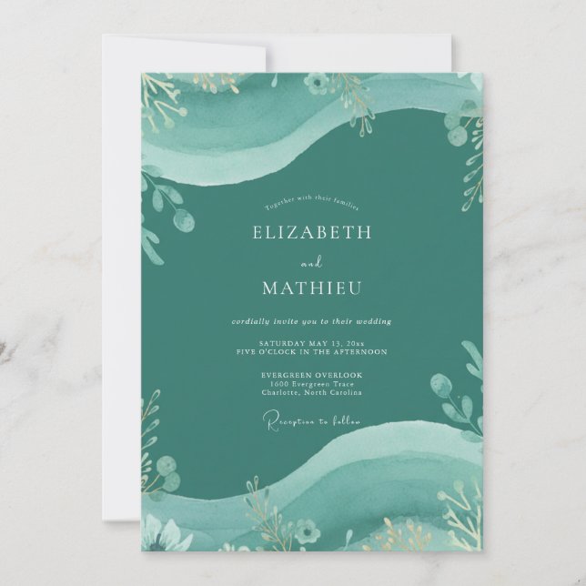 Dunkle Teal-Eukalyptus-Hochzeit Einladung (Vorderseite)