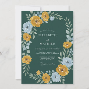 Dunkle Teal-Gold-Ranunculus-Eukalyptus-Hochzeit Einladung