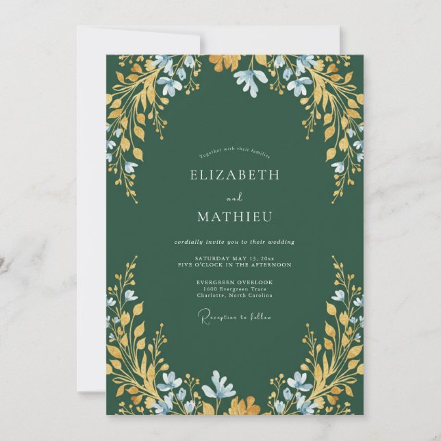 Dunkle Teal-Ocker-Blatt-Hochzeit Einladung (Vorderseite)