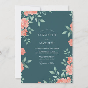 Dunkle Teal-Pfirsich-Blumen-Aquarell-Hochzeit Einladung
