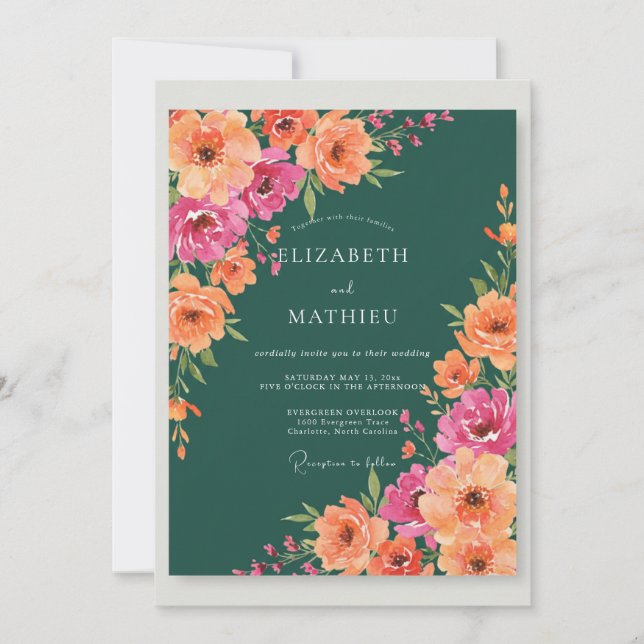 Dunkle Teal-Ranunculus-Eukalyptus-Hochzeit Einladung (Vorderseite)