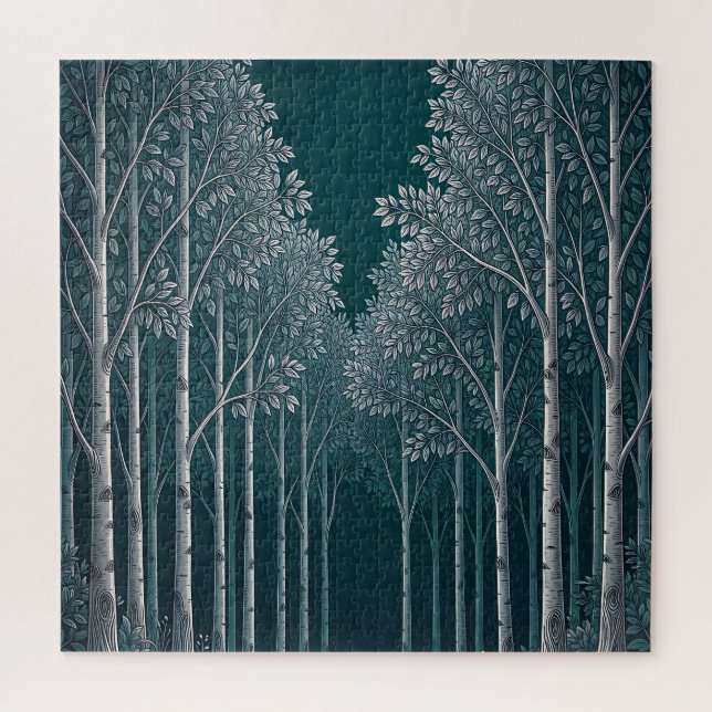 Dunkle Teal Weiße Birkenwald Bäume  Puzzle (Vertikal)