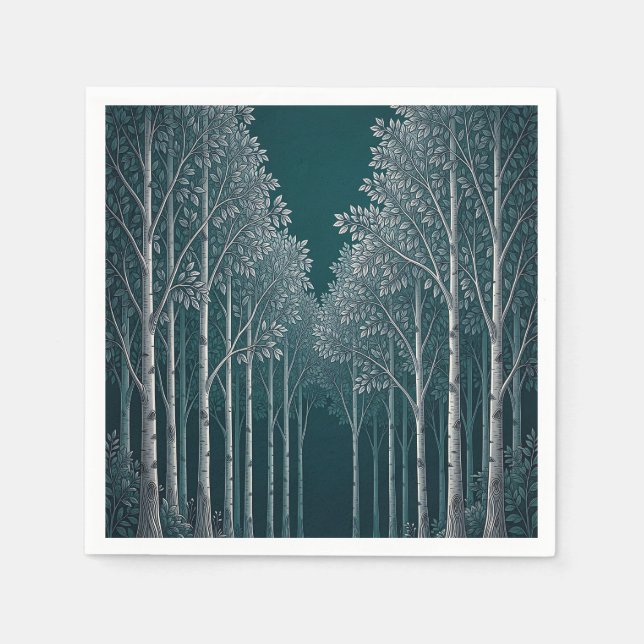 Dunkle Teal Weiße Birkenwald Bäume  Serviette (Vorderseite)