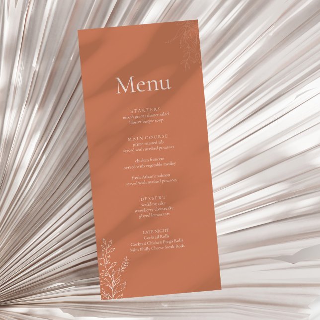 Dunkle Terrakotta-Blumen-Hochzeitsmenü Menükarte (Dark Terracotta Botanical Wedding Menu on a sunny neutral dry palm leaf.)