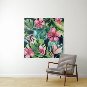 Dunkle tropische Hibiskus Paradies Hintergrund Wandteppich