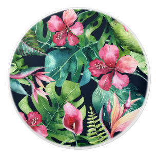 Dunkle tropische Palmwedel Hibiskus Floral Insel Keramikknauf