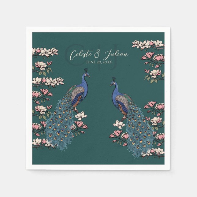 Dunkle Türkis Blumen Pfau Hochzeit Serviette (Vorderseite)