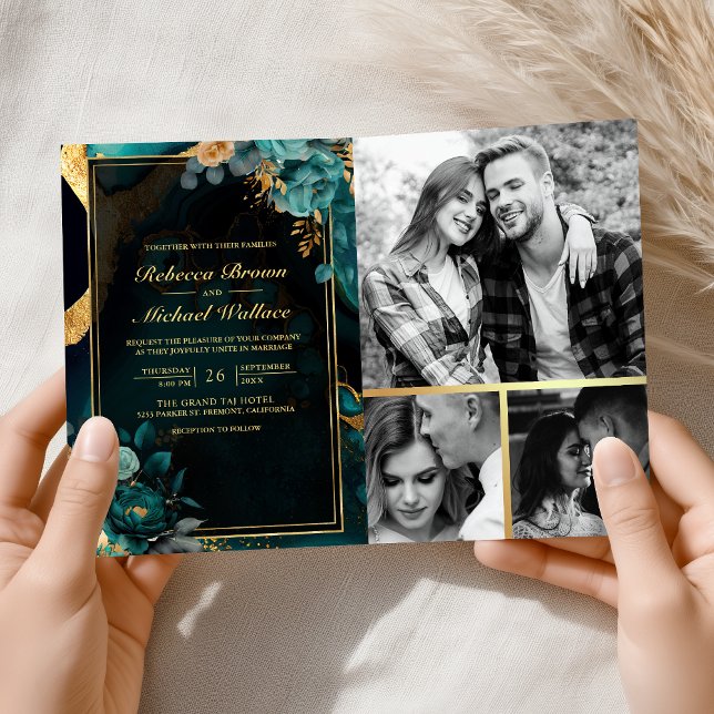 Dunkle Türkis-Gold-Blumenmarmor-QR-Code-Hochzeit Einladung (Von Creator hochgeladen)