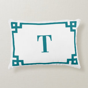 Dunkle Türkis Griechische Schlüsselrand-Monogramm Dekokissen