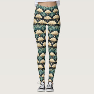 Dunkle Türkisblaue Art Deco geschwungene Lüfter-Mu Leggings