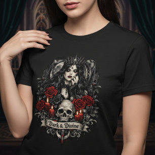 Dunkle und göttliche gotische Schädel und Rosen T-Shirt
