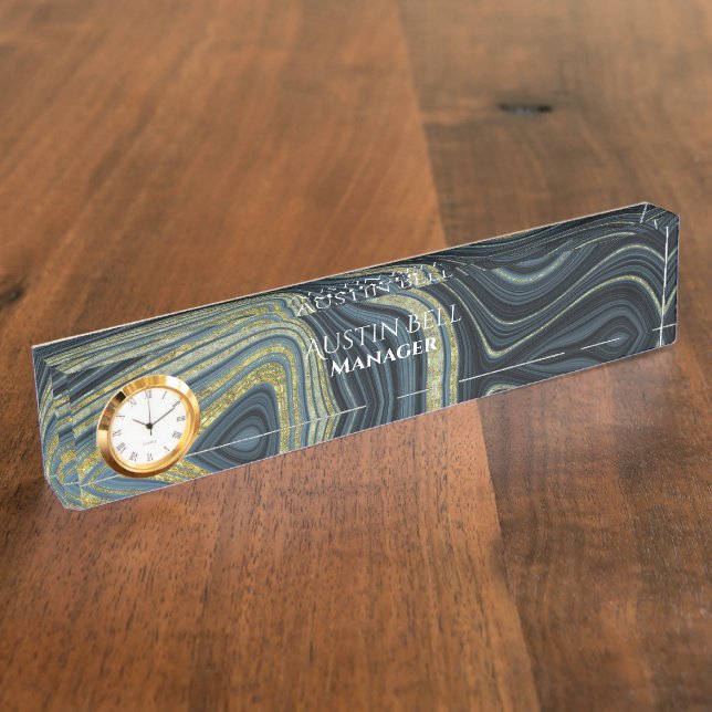 Dunkle und helle blaue und goldene Marmor Personal Namensplakette (Seite)